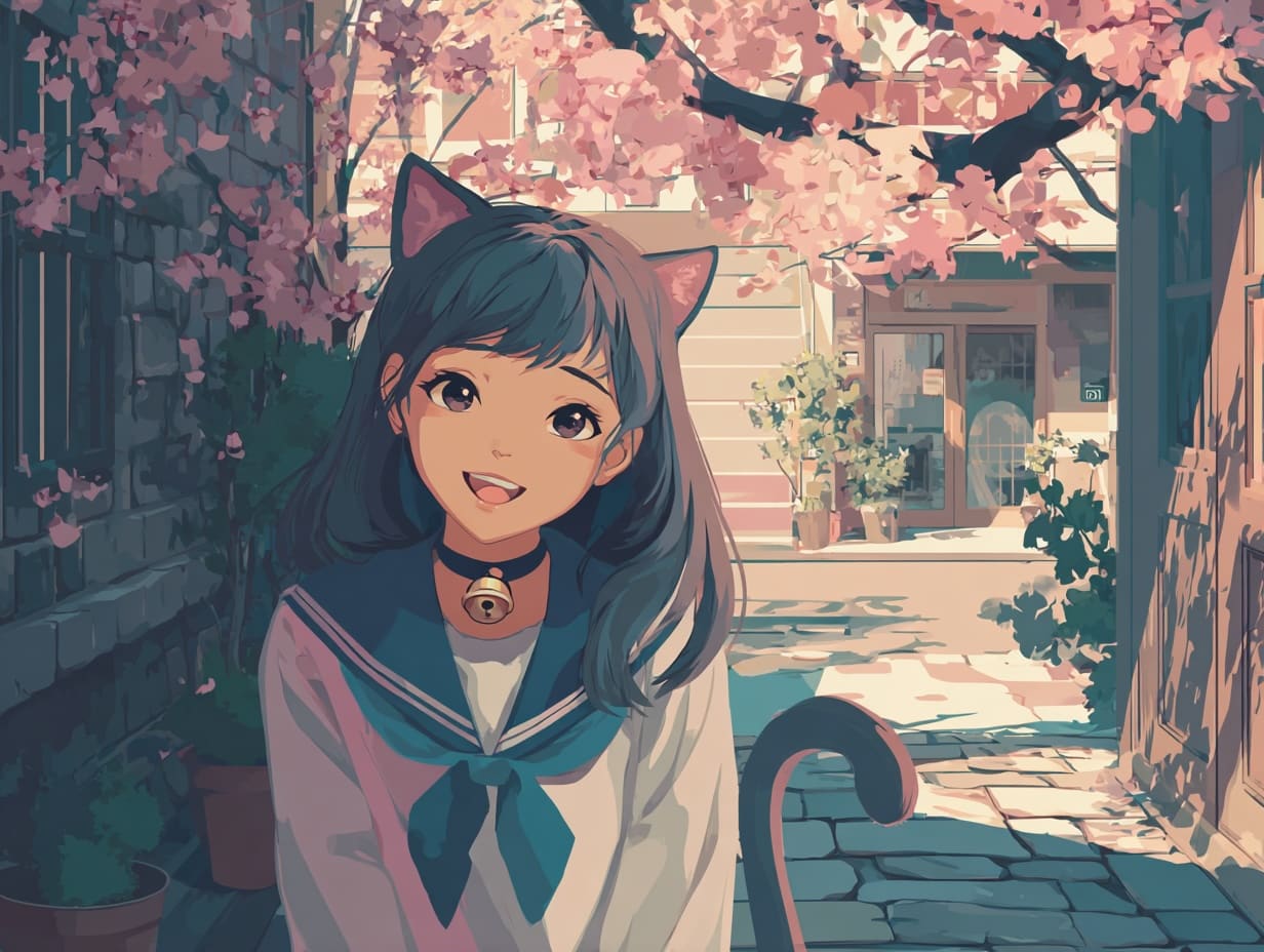 Classic 2000s anime catgirl character in school setting Classic 2000s anime catgirl character in school setting