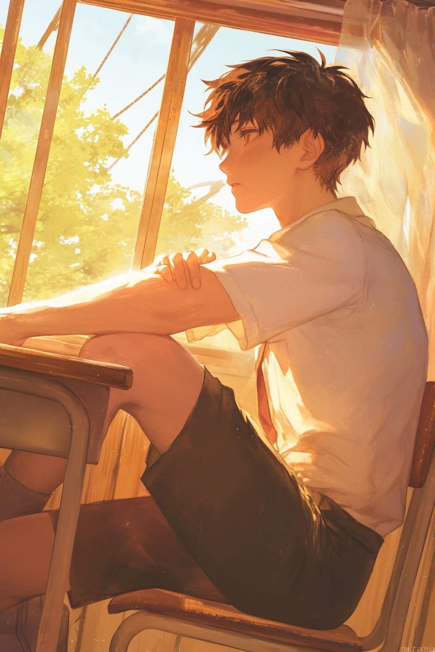 a school-age boy stares out the window in a classroom a school-age boy stares out the window in a classroom