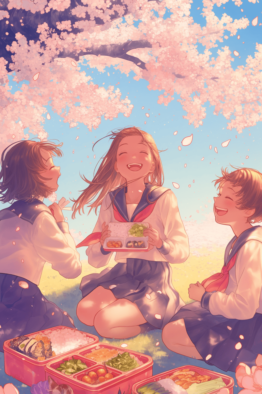 a group of girls laughing under the sakura blossoms a group of girls laughing under the sakura blossoms