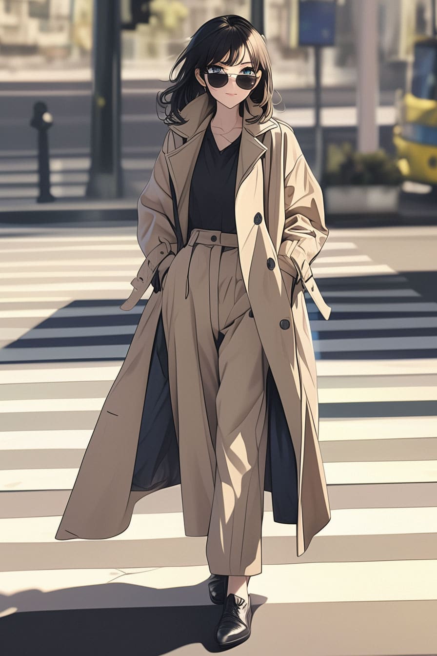 Josei fashion influencer - trenchcoat in crosswalk Josei fashion influencer - trenchcoat in crosswalk