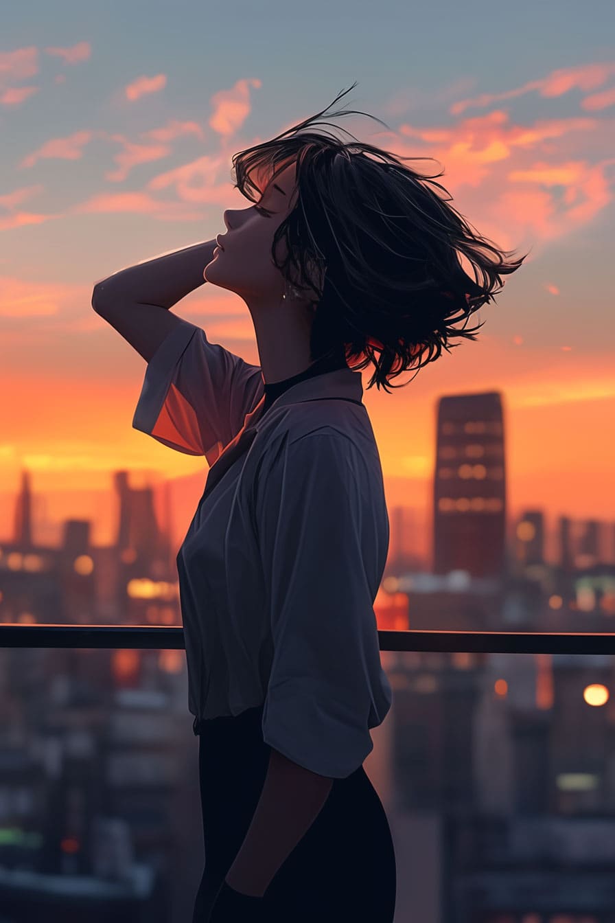 Josei fashion influencer - rooftop sunset girl Josei fashion influencer - rooftop sunset girl