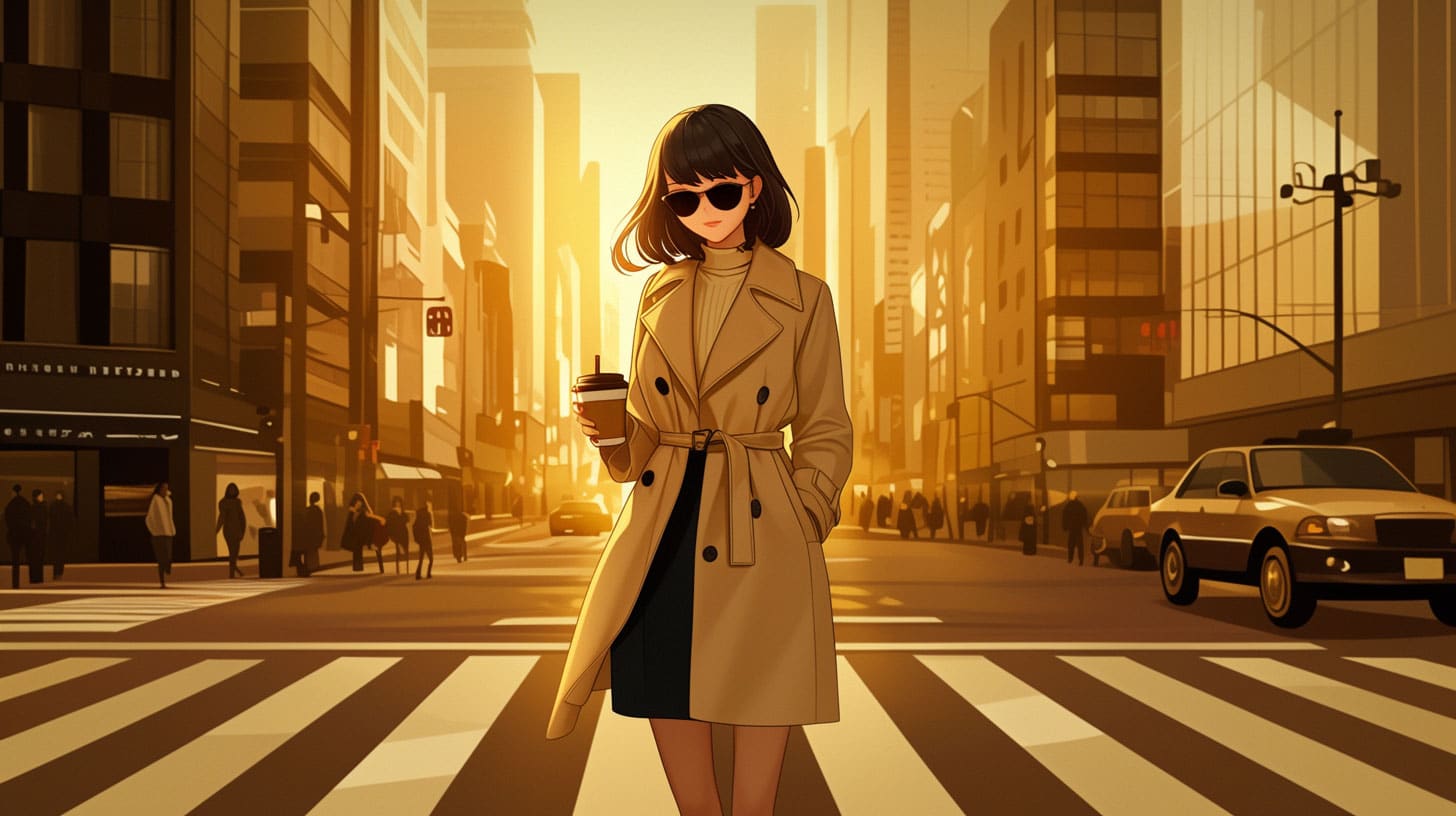 Josei fashion influencer - in the crosswalk at sunset Josei fashion influencer - in the crosswalk at sunset