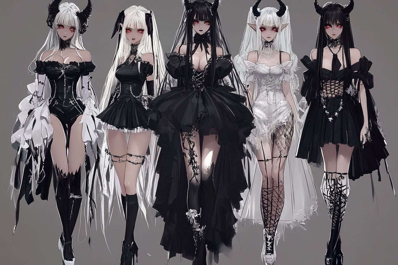 Josei anime women in black and white gothic dresses Josei anime women in black and white gothic dresses