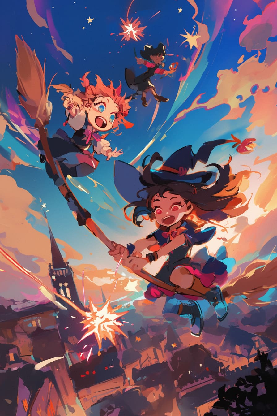 Chibi Wizards flying on broomsticks Chibi Wizards flying on broomsticks