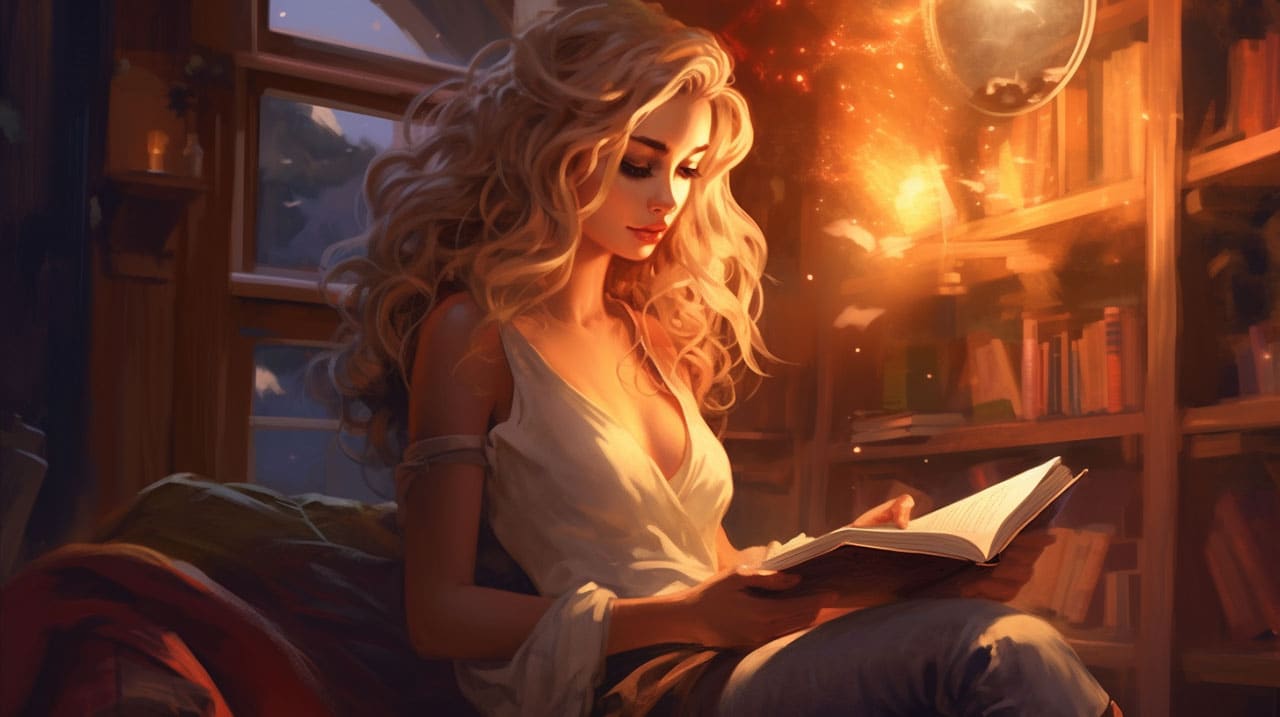 Blonde reading by bookshelves in a quiet moment. Blonde reading by bookshelves in a quiet moment.