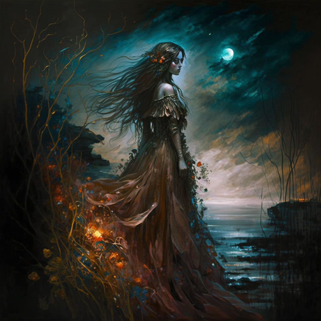 Dark feminine art landscape with mysterious figure Dark feminine art landscape with mysterious figure