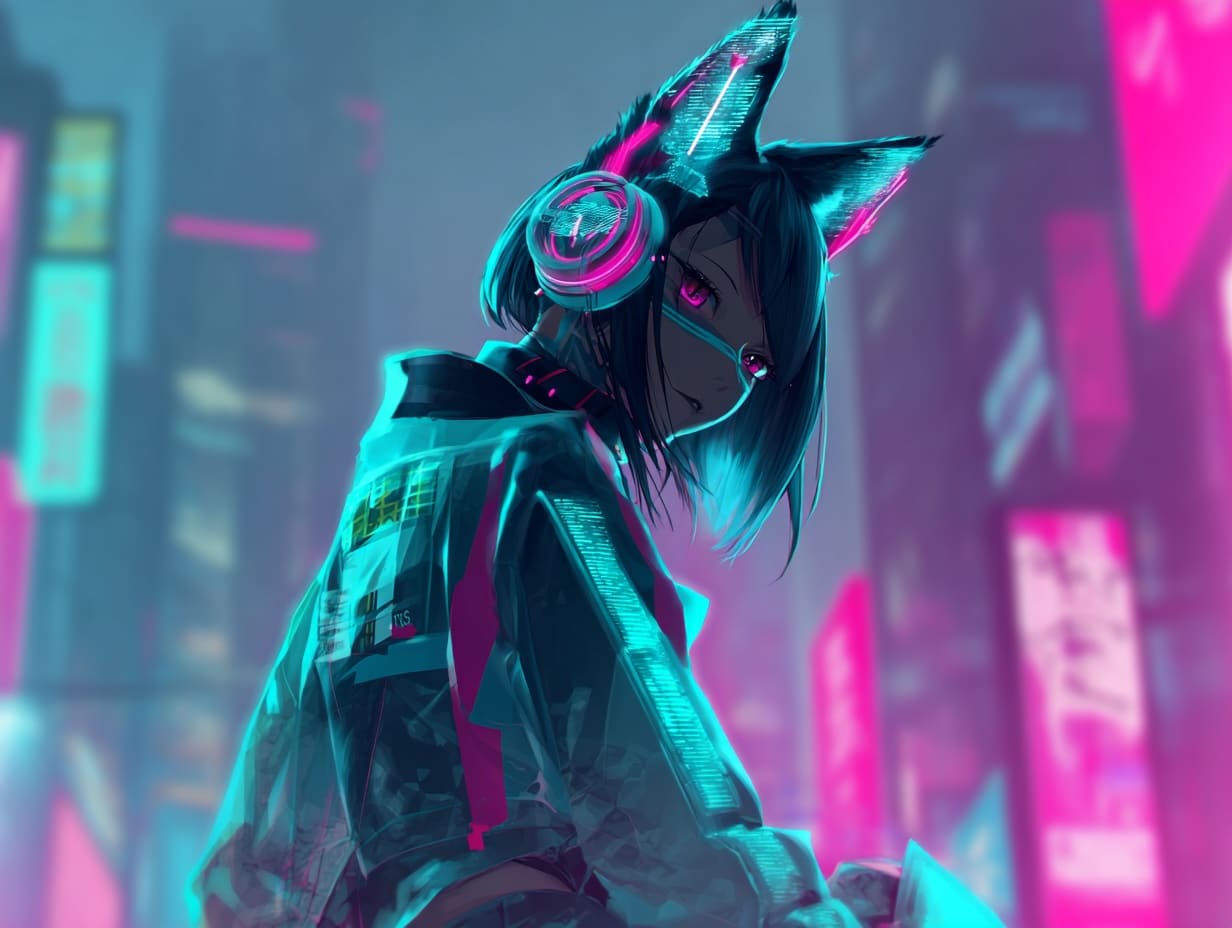 Modern cyberpunk kemonomimi wolf girl with holographic effects Modern cyberpunk kemonomimi wolf girl with holographic effects