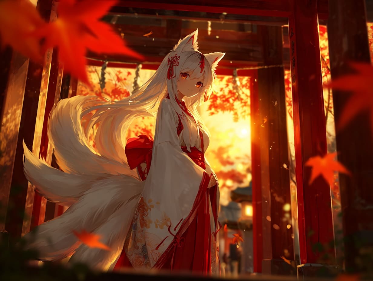 Elegant kitsune shrine maiden with nine tails at a Japanese shrine Elegant kitsune shrine maiden with nine tails at a Japanese shrine