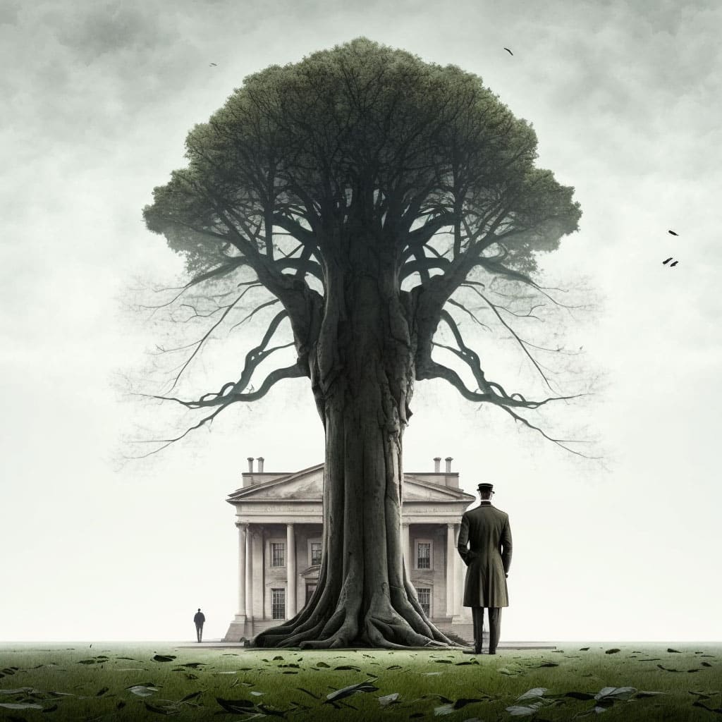 Man standing under a tree in Neoclassical style. Man standing under a tree in Neoclassical style.