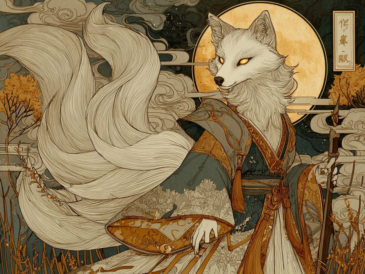 Traditional Japanese kitsune fox spirit in ukiyo-e art style Traditional Japanese kitsune fox spirit in ukiyo-e art style