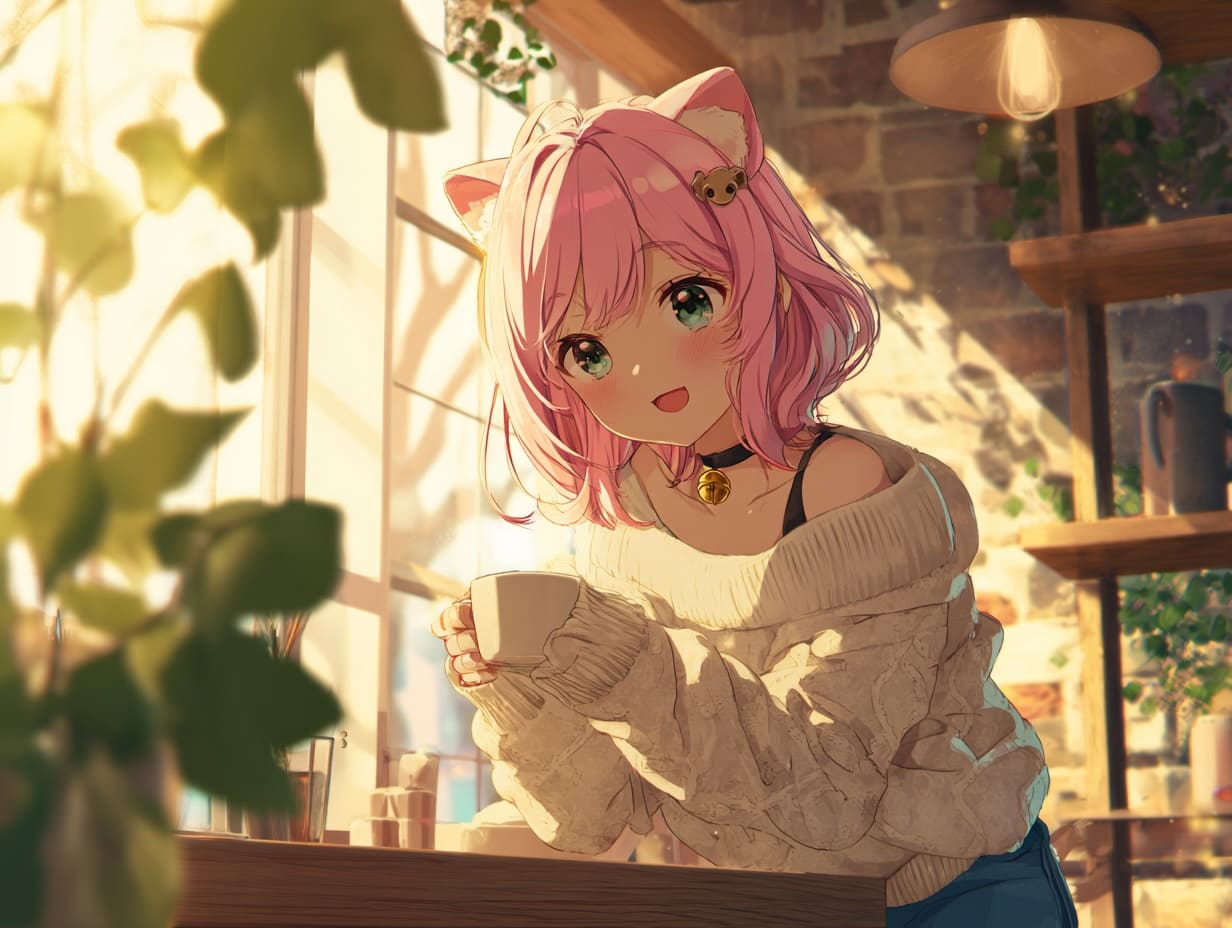 Anime catgirl character with pink hair in a cozy cafe setting Anime catgirl character with pink hair in a cozy cafe setting