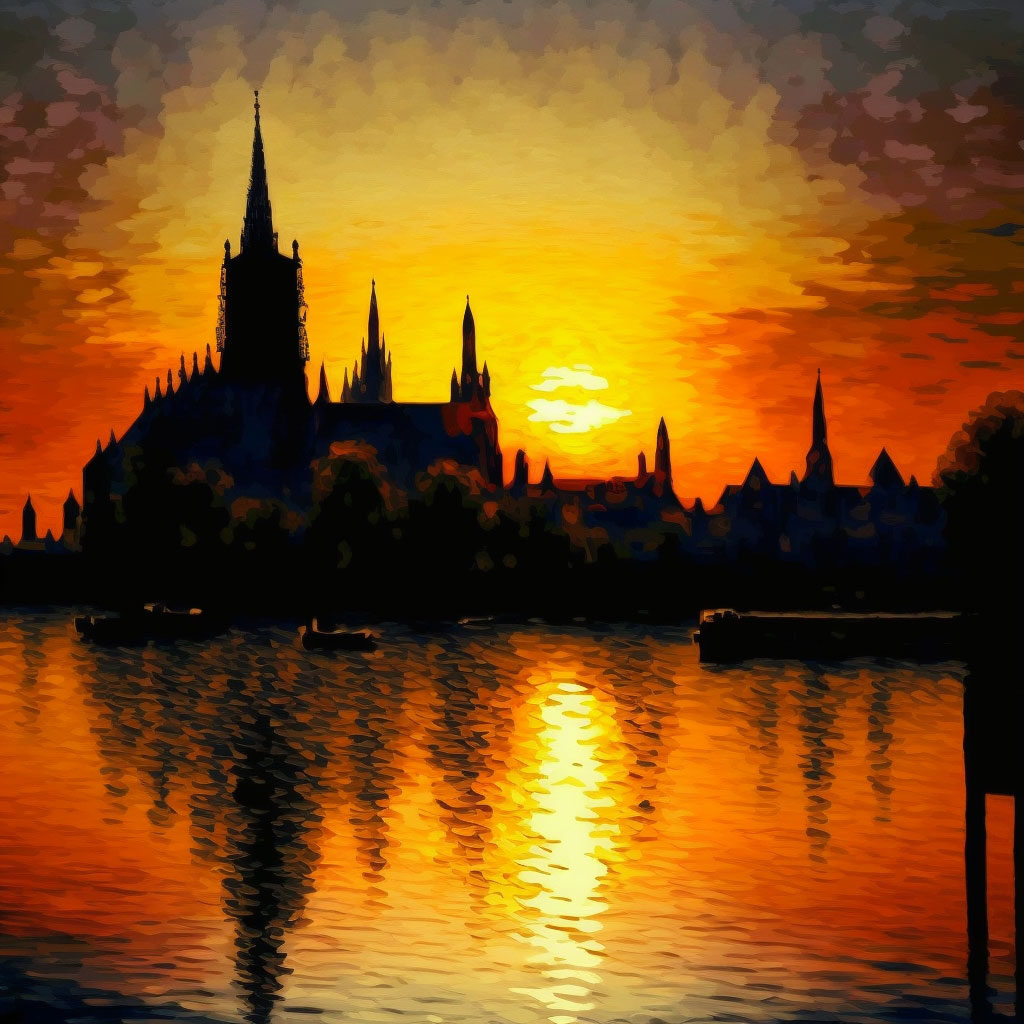 City at sunset in the style of Claude Monet