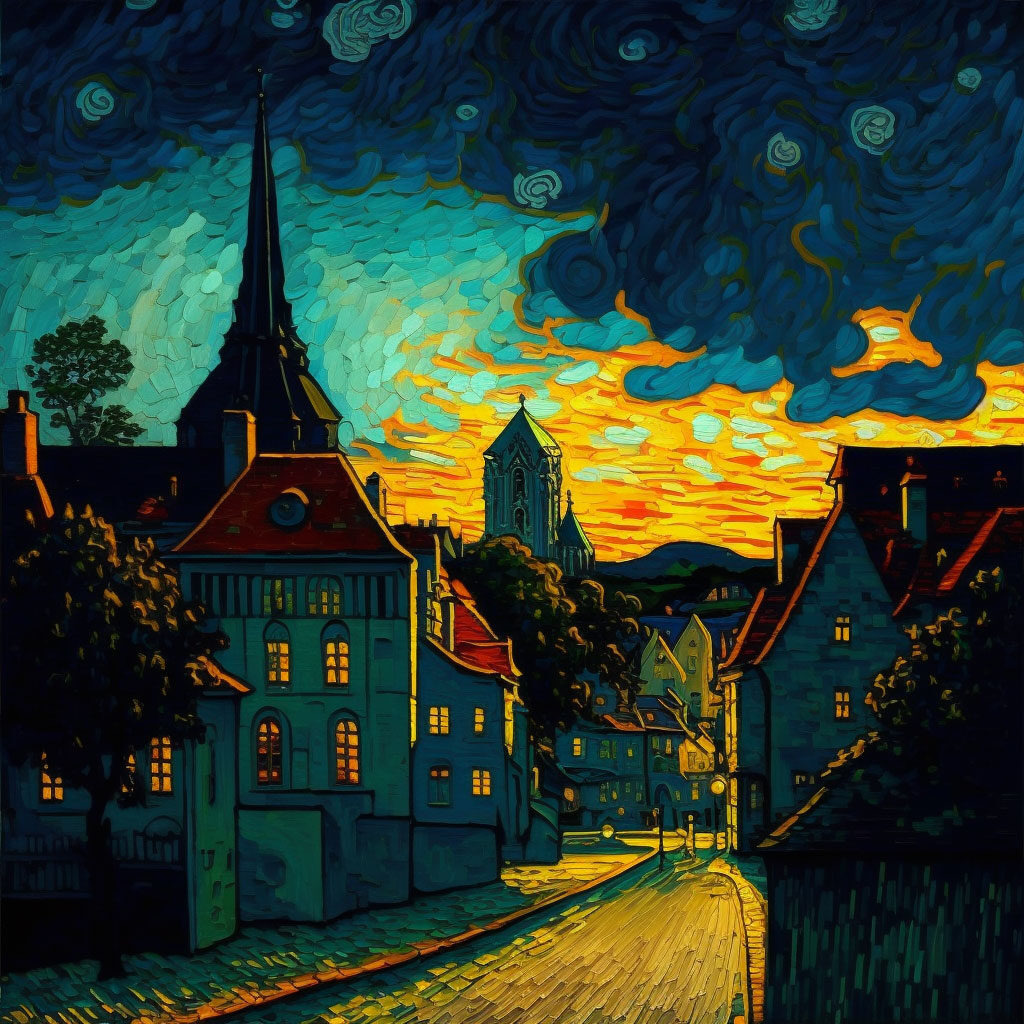 City at night in the style of Van Gogh