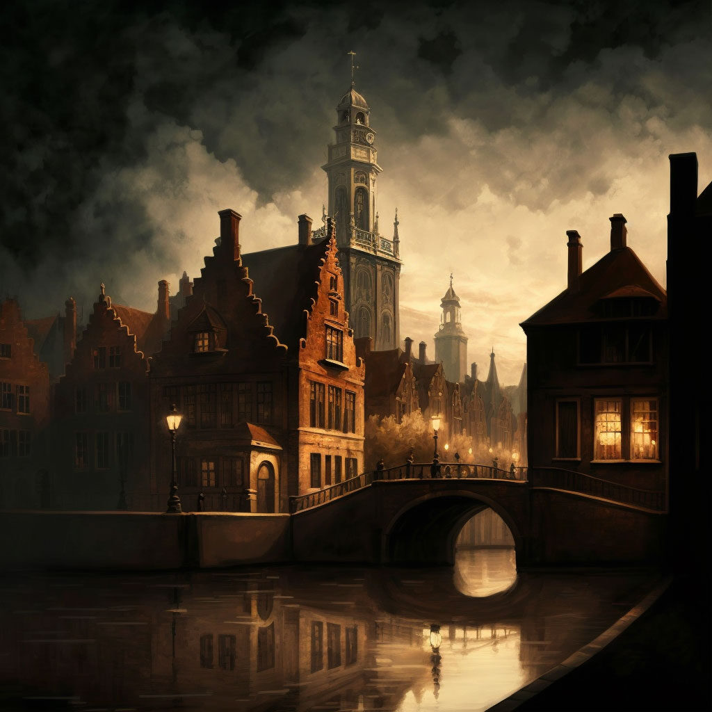 A cityscape painted in the style of Rembrandt