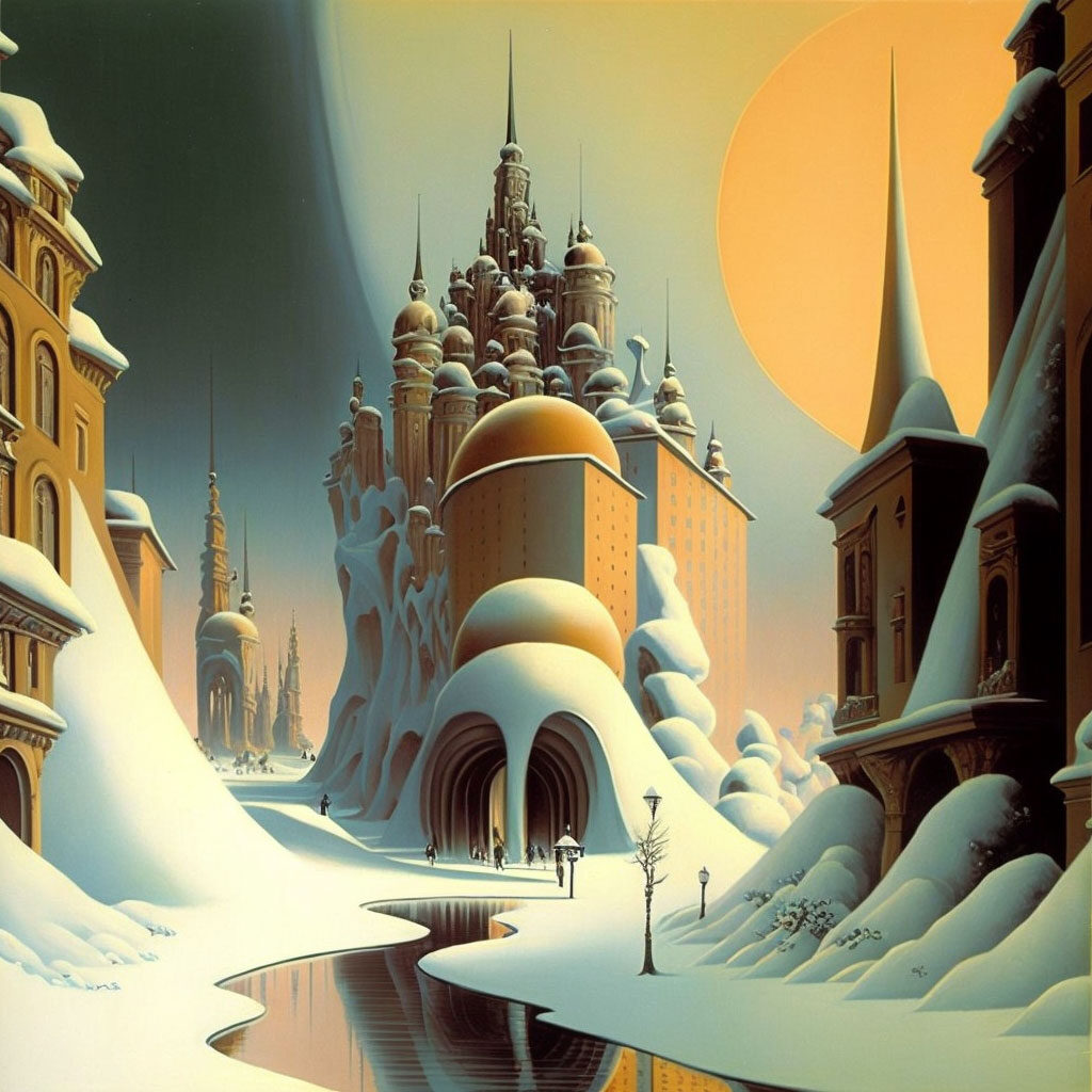 A city in Winter painted in the style of Salvador Dali