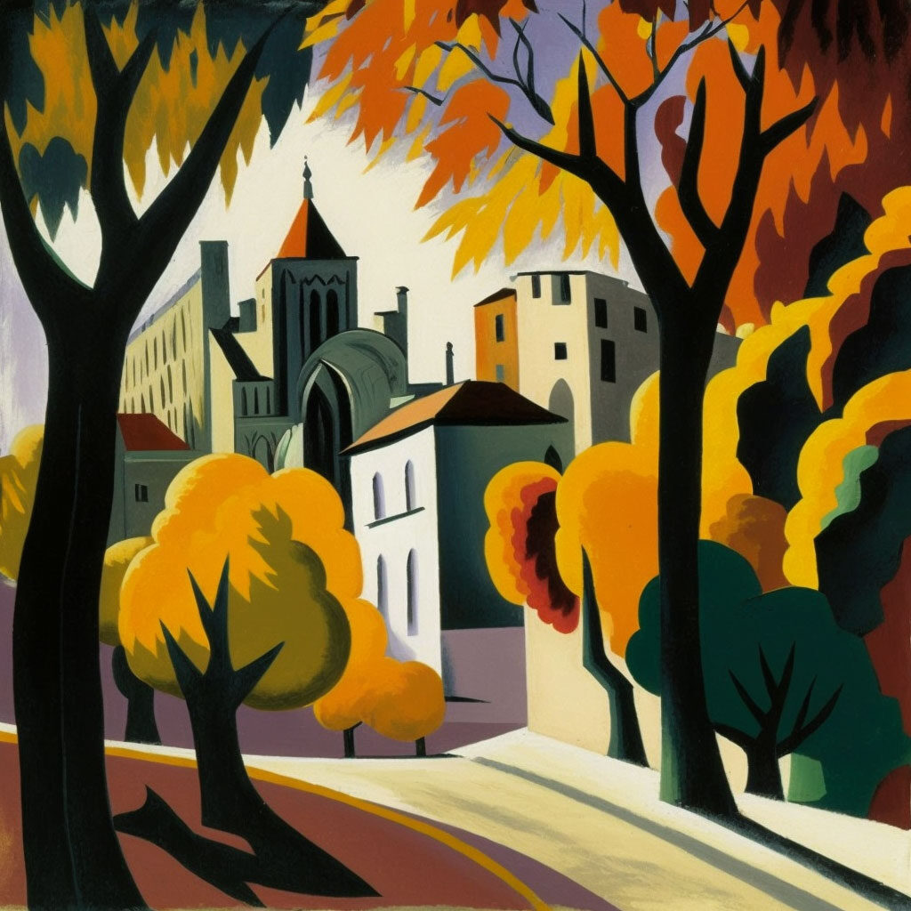 City block in Autumn painted in the style of Henri Matisse