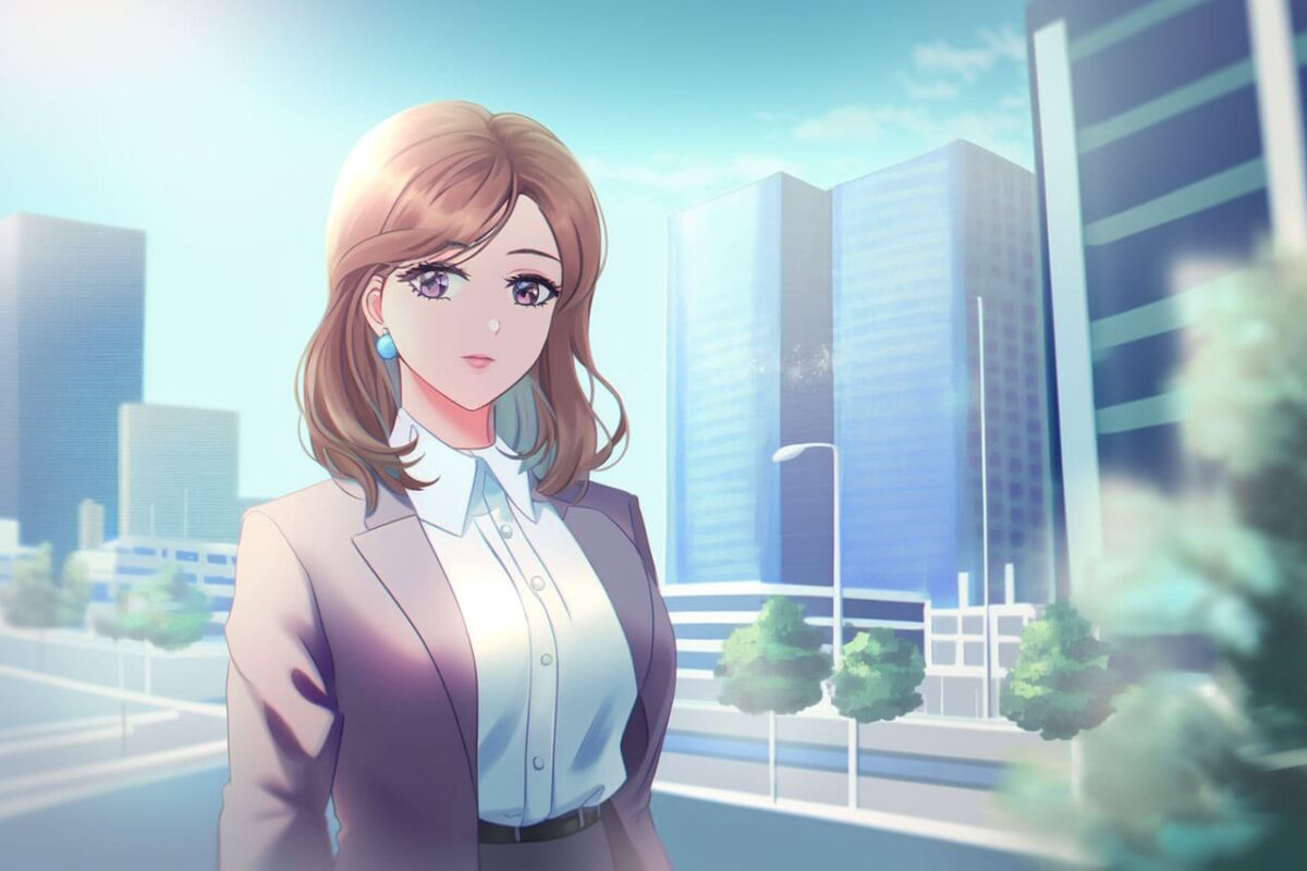 Josei anime woman in front of office buildings