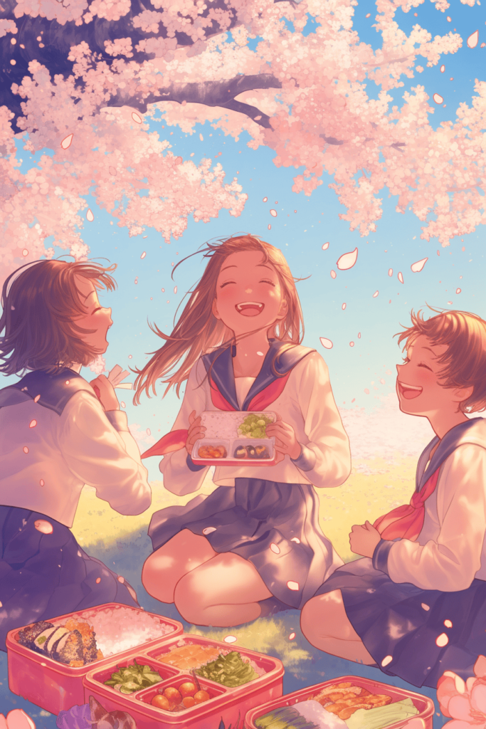 a group of girls laughing under the sakura blossoms