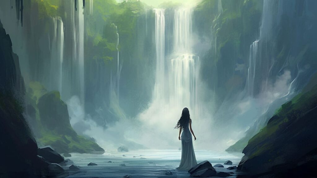 the serenity of the powerful waterfall