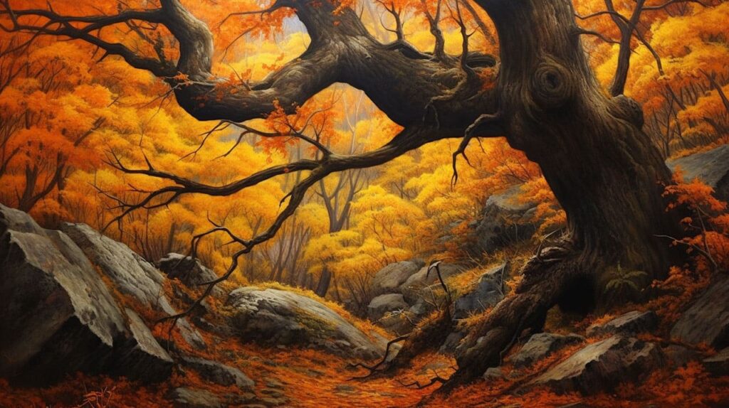 ancient forest blazed with autumnal colors