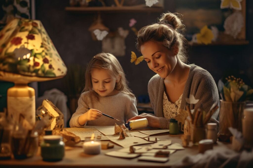 Mother and daughter doing arts and crafts