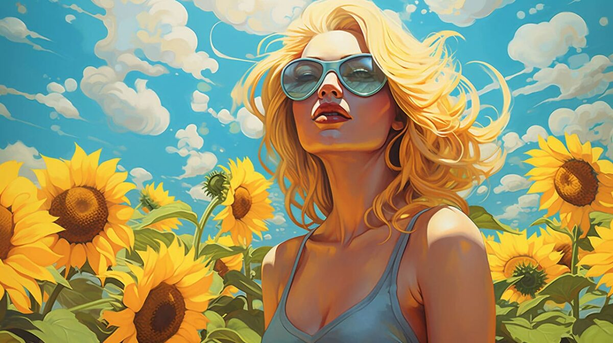 Blonde woman in a field of Summer sunflowers