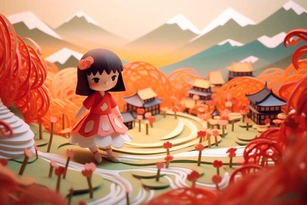cute kirigami chibi girl in a town