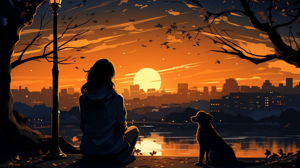 woman with dog at sunset