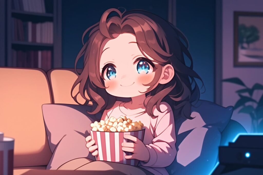 Chibi girl watching movies with popcorn